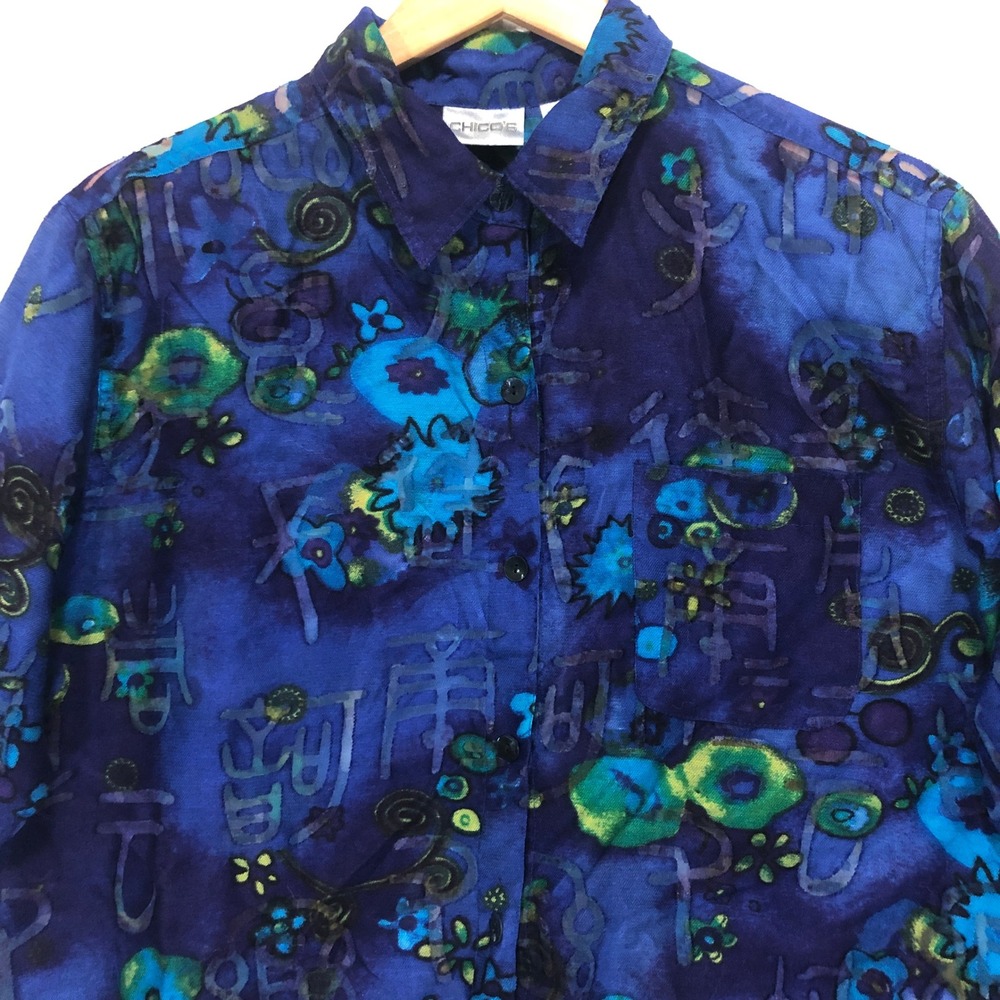 Chicos Blue Abstract‎ Floral Mandarin Collar Button Up Shirt Size 1